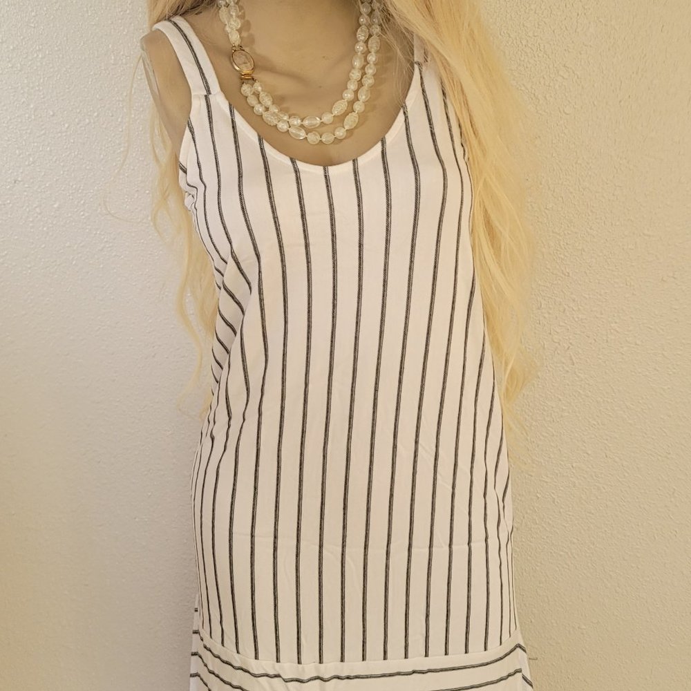White dress with black pinstripes